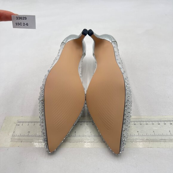 XYD Silver Pointed Closed Toe Slip On Mesh Pumps Rhinestone Kitten Heel Shoes - Picture 7 of 8